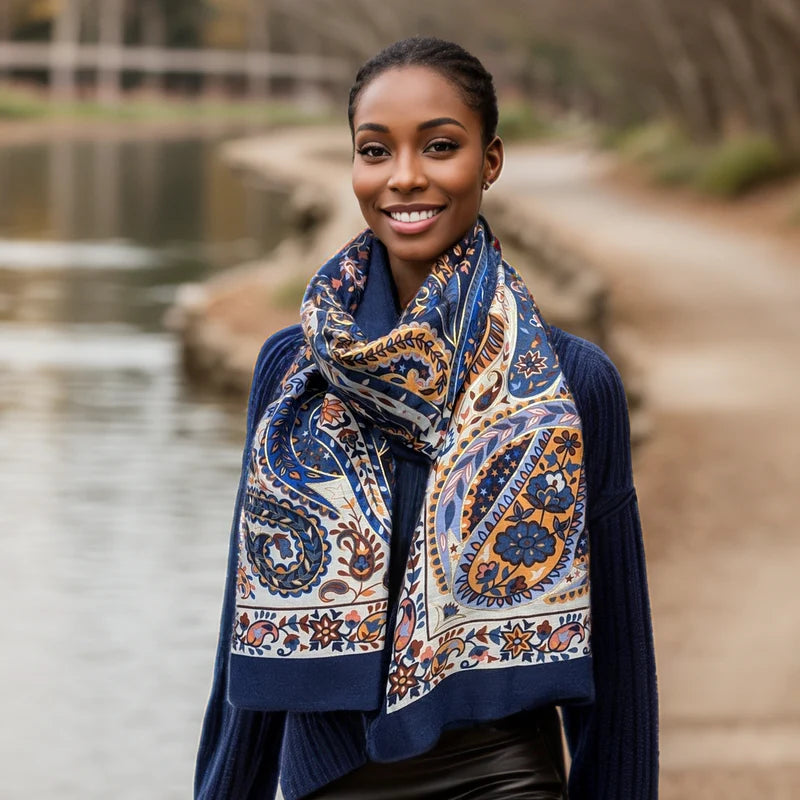 Golden Paisley Scarf - Blue