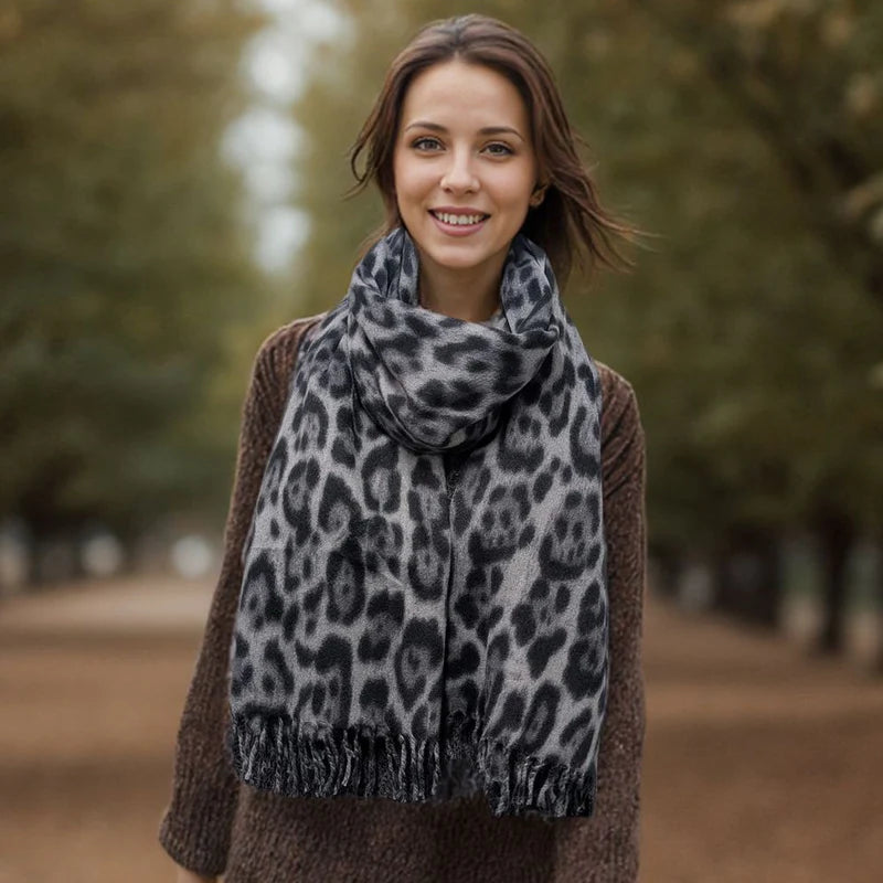 Fluffy Animal Print Scarf - Black