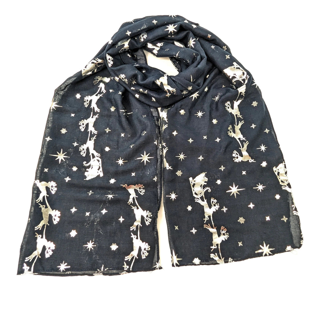 Santa & His Sleigh Scarf - Silver/Navy