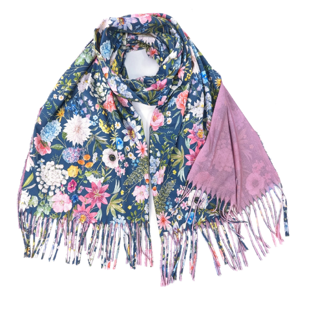 Navy Spring Flower Pashmina