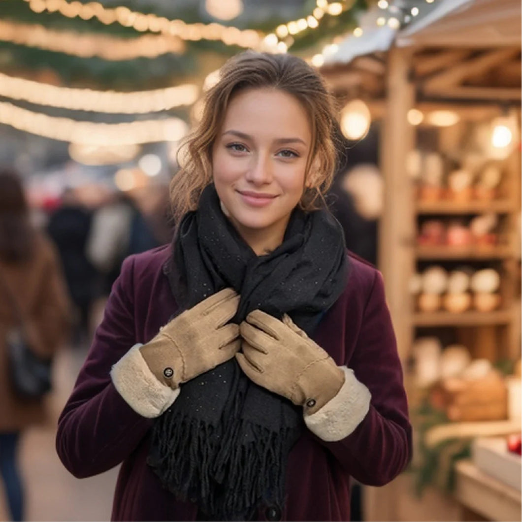 Sheepskin Style Gloves - Faux Fur Trim