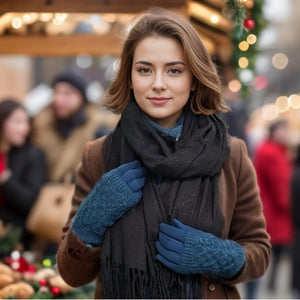 Teal Cable Knit Sparkle Gloves