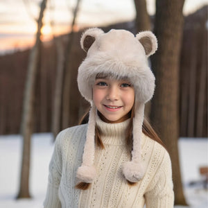 Faux Fur Bear Hat with Pom Pom Ties children’s