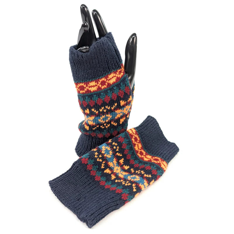 Knitted Stripey Fingerless Gloves - Navy Blue