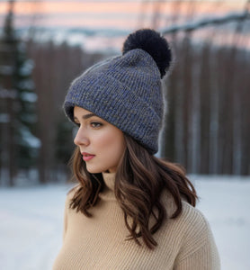 Fur Pom Pom Hat Navy