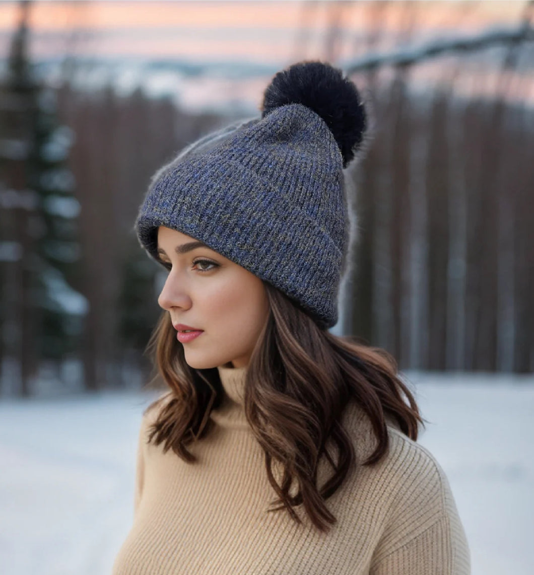 Fur Pom Pom Hat Navy
