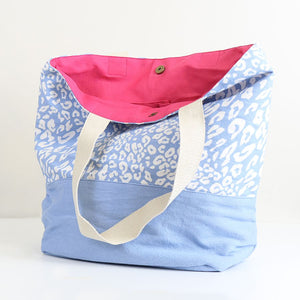 Blue & White Leopard Print Cotton Beach Bag