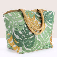 Load image into Gallery viewer, Green &amp; Gold Monstera Print Shopper
