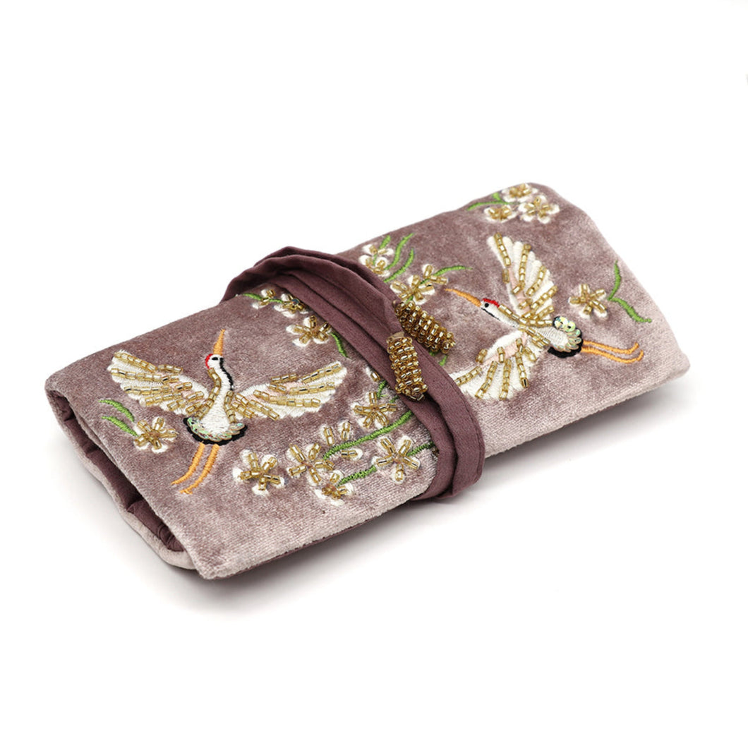 Mink Crane Embroidered Jewellery Roll