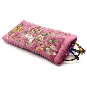 Pink Velvet Vintage Floral Embellished Glasses Case