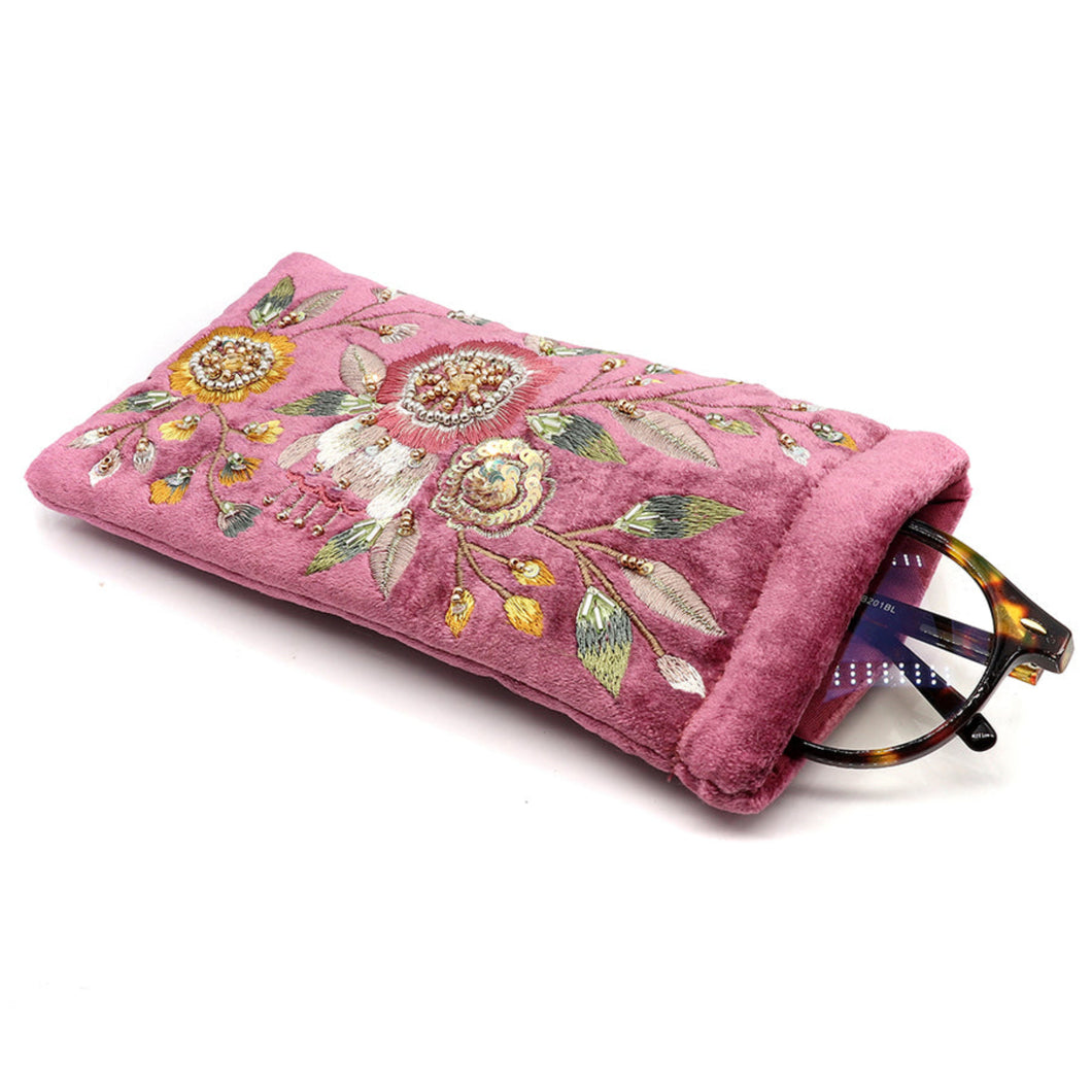 Pink Velvet Vintage Floral Embellished Glasses Case