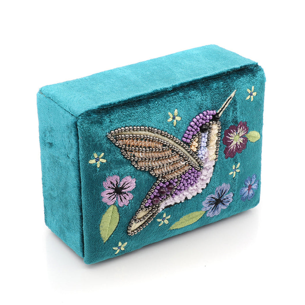 Teal Velvet Embellished Hummingbirds/Floral Jewellery Box