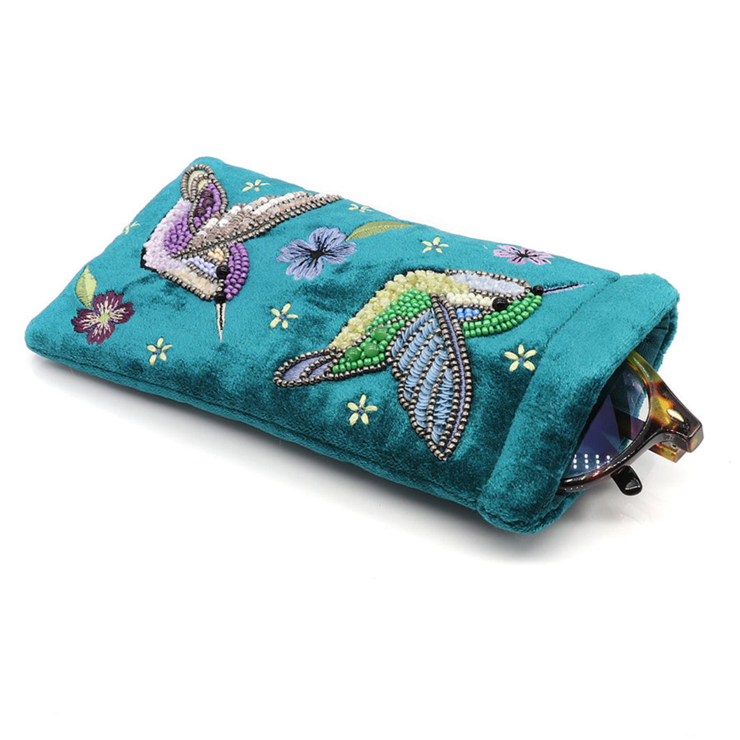 Teal Velvet Embellished Hummingbirds/Floral Glasses Case
