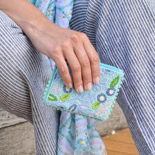 Load image into Gallery viewer, Small Aqua Beaded Floral Pom-pom Purse
