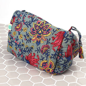Blue/Bright Pink Paisley Floral Quilted Makeup Bag - Small