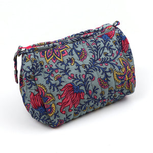 Blue/Bright Pink Paisley Floral Quilted Makeup Bag - Small