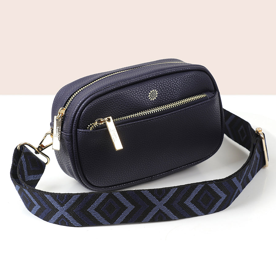 Navy Vegan Leather Small Camera Bag