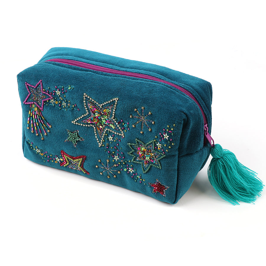 Teal Velvet Embellished Shooting Star Wash Bag