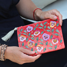 Load image into Gallery viewer, Coral Velvet Pansies Zip Purse

