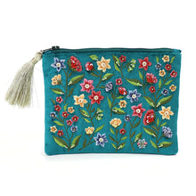 Load image into Gallery viewer, Teal Velvet Floral Zip Purse
