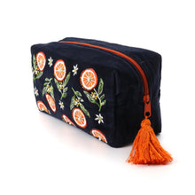 Load image into Gallery viewer, Navy Travel Makeup Bag with Embroidered Oranges

