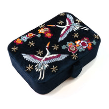 Load image into Gallery viewer, Navy Embroidered Velvet Crane Jewellery Box
