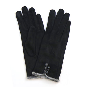 Black Faux Suede Button Gloves