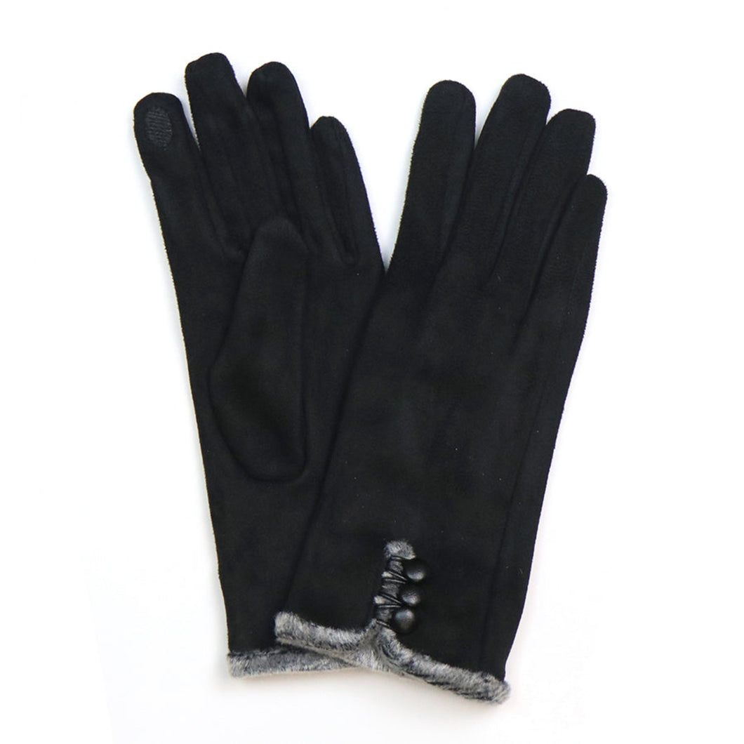 Black Faux Suede Button Gloves