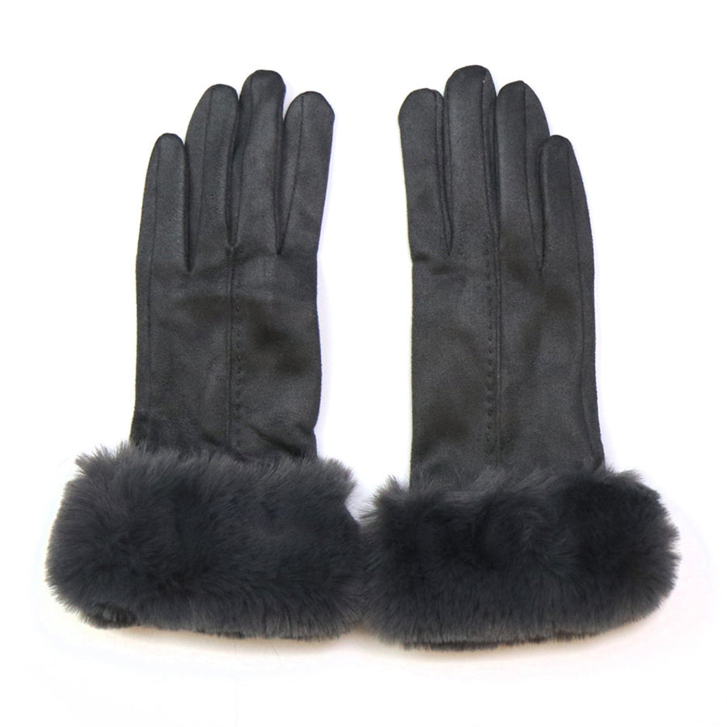 Dark Grey Faux Suede Gloves with Faux Fur Cuff