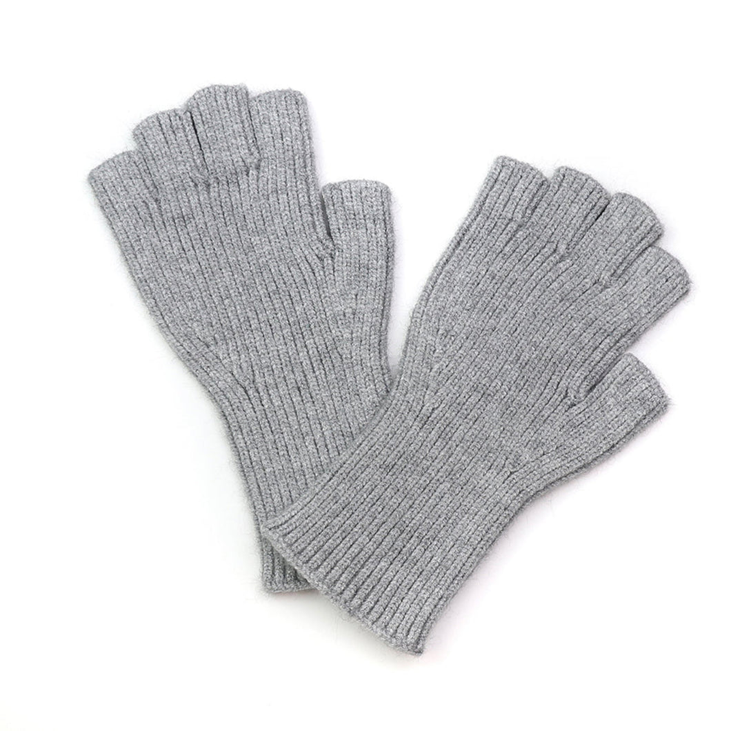 Pale Grey Ribbed Knit Fingerless Gloves