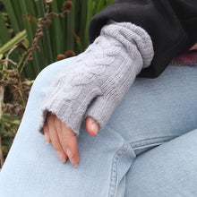 Load image into Gallery viewer, Light Grey Cable Knit Recycled Wrist Warmers
