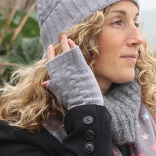 Load image into Gallery viewer, Light Grey Cable Knit Recycled Wrist Warmers
