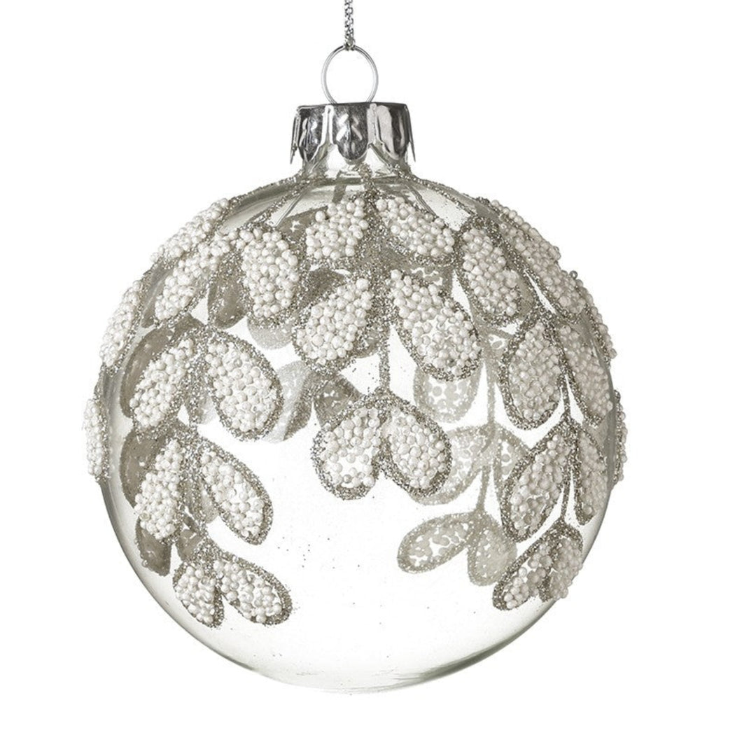 White Beaded Leaf Glass Bauble