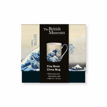 Load image into Gallery viewer, Fine bone china mug packaging with The British Museum branding and wave design.
