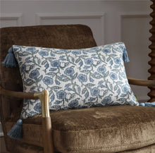 Load image into Gallery viewer, Delphine Floral Tasselled Cushion Delph Blue
