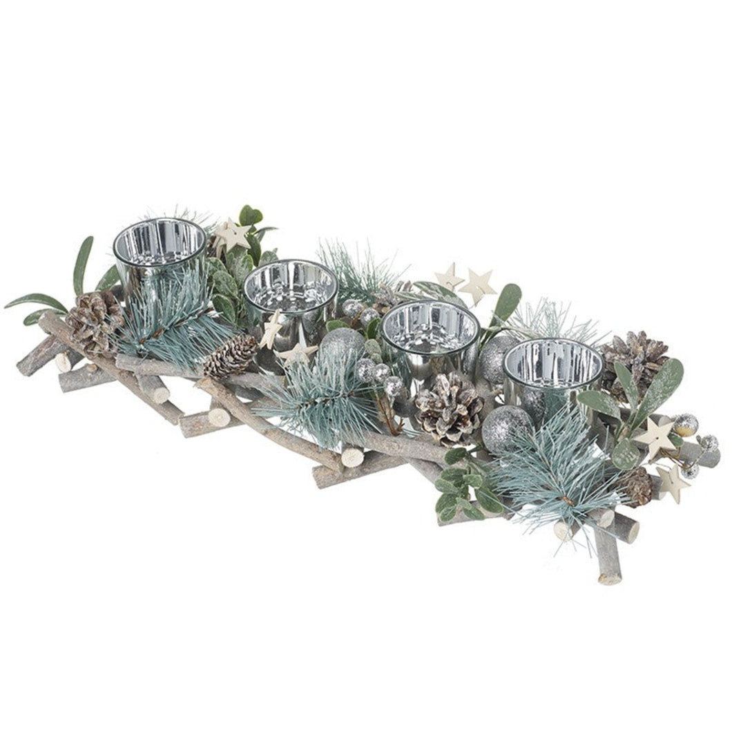 Long 4 T-Light Holder with Silver Foliage