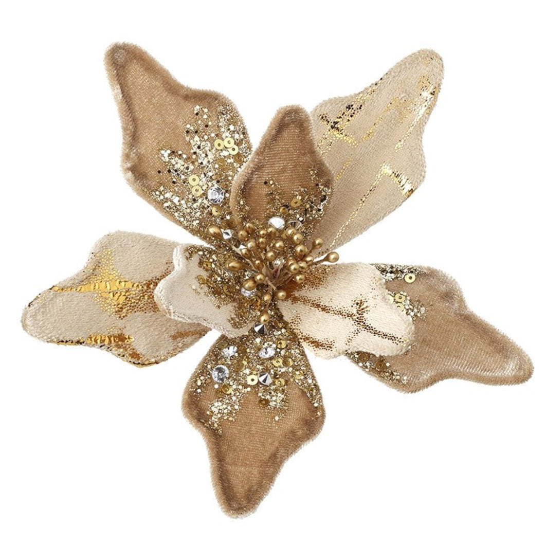 Cream & Gold Sequin Poinsettia Flower