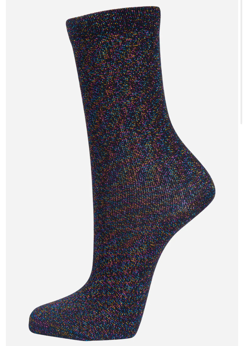 Womens Black Glitter Socks Rainbow Sparkly
