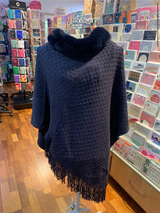 Navy Knitted Poncho with Faux Fur Collar