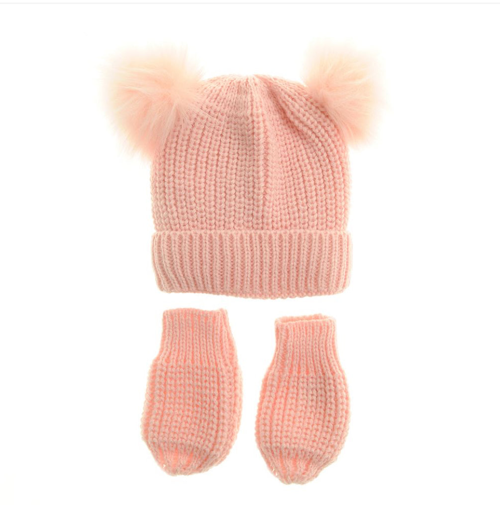 Pink Double Bobble Hat & Mittens