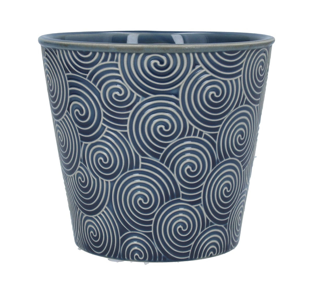 Navy Spiral Stoneware Pot Cover Lge