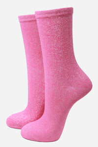 Womens Pink Glitter Socks Silver Sparkly Ankle Socks Shimmer