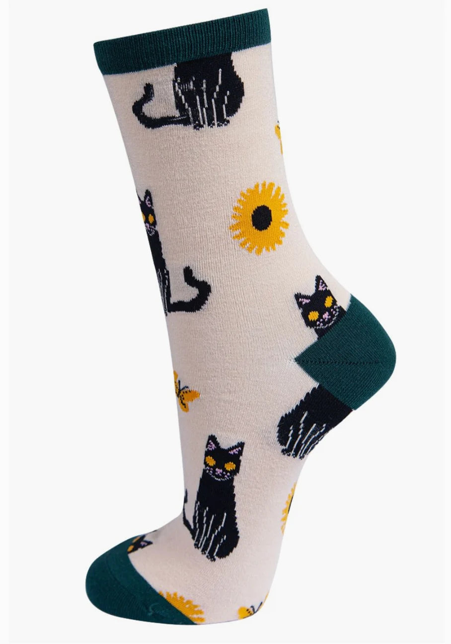Womens Black Cat Socks Bamboo Ankle Socks