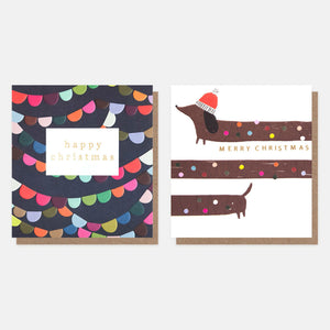 Bunting & Dog with Christmas Lights Cards Pack of 8