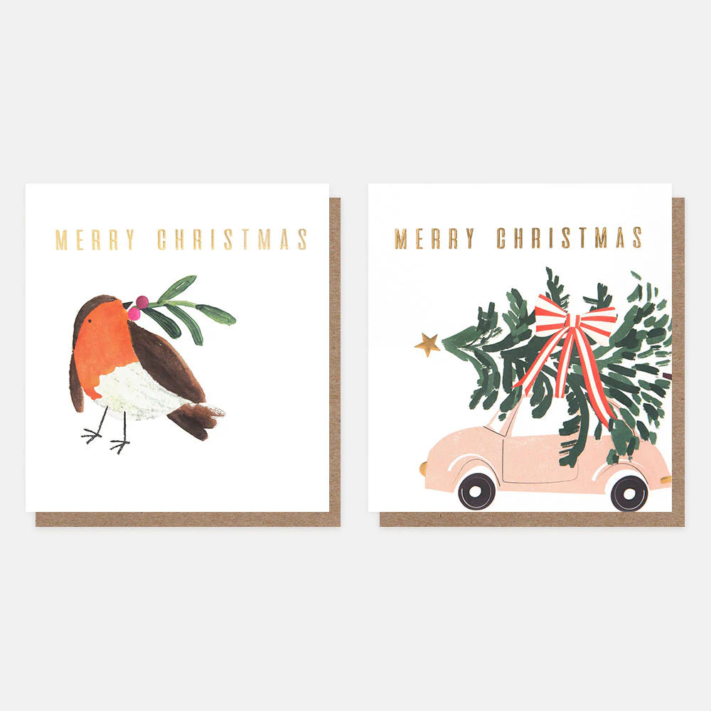 Robin & Car With Tree Mixed Christmas Cards Pack of 8