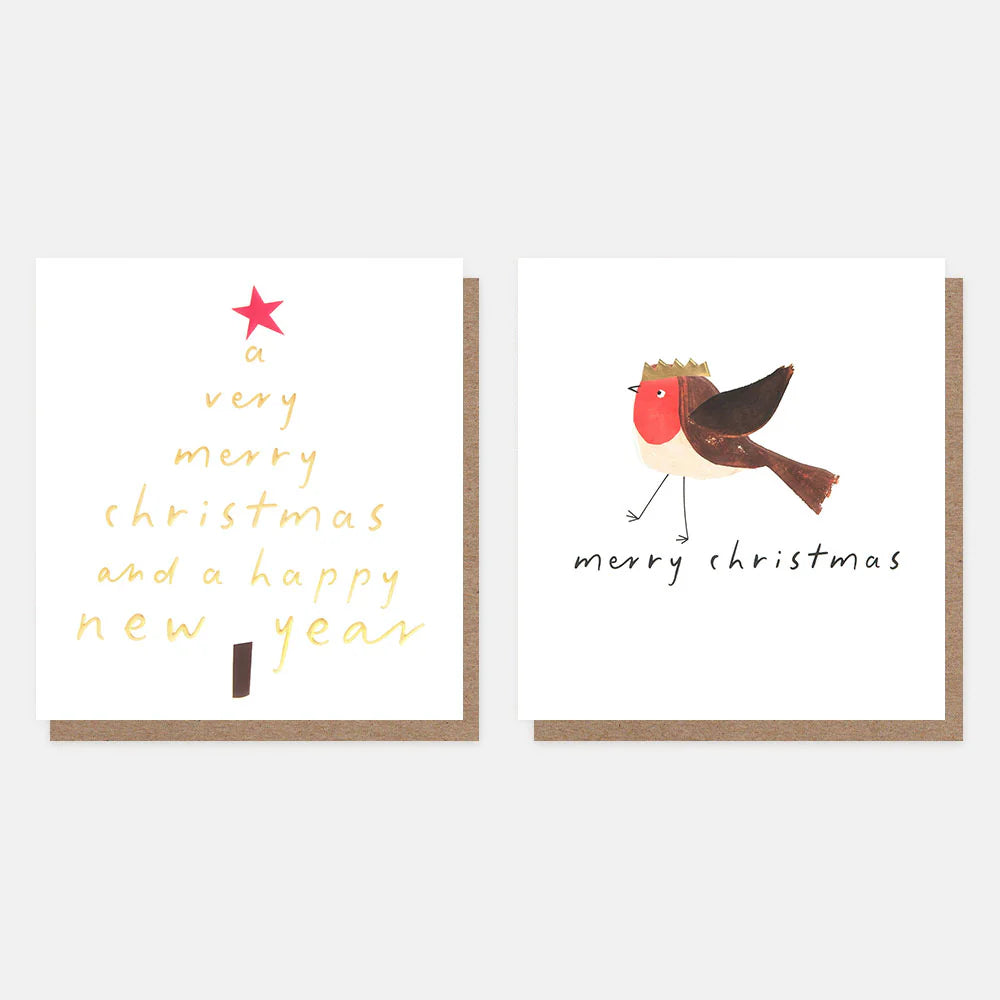 Gold Script & Robin Mixed Christmas Cards Pack of 8