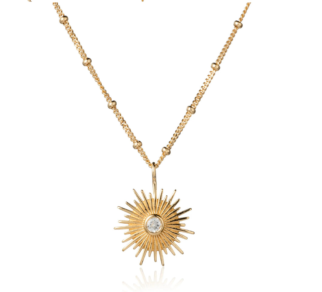 Gold Sun Necklace Pendant With White Topaz