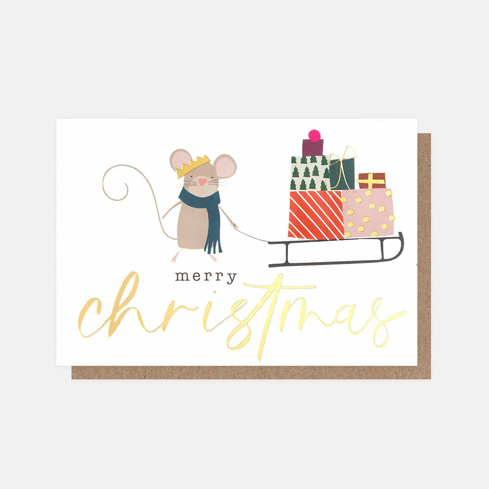 Mouse With Sleigh Small Christmas Card Pack of 10