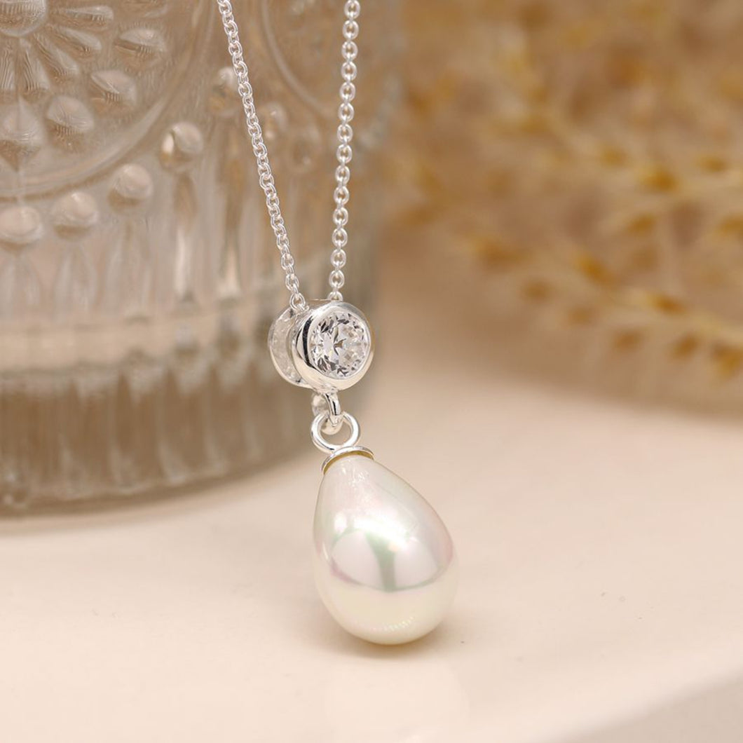 Sterling Silver Shell Pearl Drop Necklace