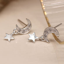 Load image into Gallery viewer, Sterling Silver Moon and Star Drop Earrings
